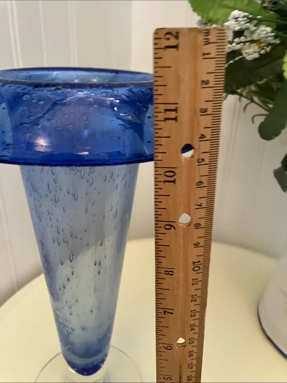 Vintage Hand Blown Cobalt Blue Footed Vase With Folded Trumpet Rim